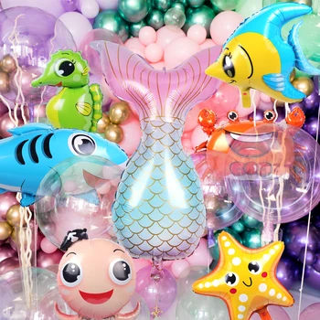 Sob O Mar Bonito Animais De Balões, Desenhos Animados Tubarão Estrela Do Mar Baby Duche Crianças Festa De Aniversário De Casamento De Balões Decoração De Oceano Mundial Dos Animais