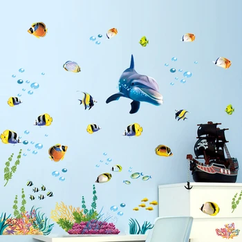 Impermeável casa de banho cozinha adesivo de parede oceano de águas profundas do mar casa de decoração adesivos de peixe golfinho decorativos decalque mural do quarto de crianças