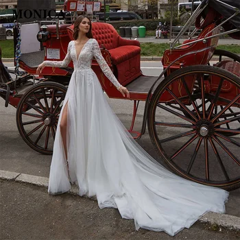 2022 A Linha De Tulle Vestido De Casamento Encantador V-Pescoço Com Mangas Longas Tribunal Trem Vestido De Noiva Vestido De Noiva Feito