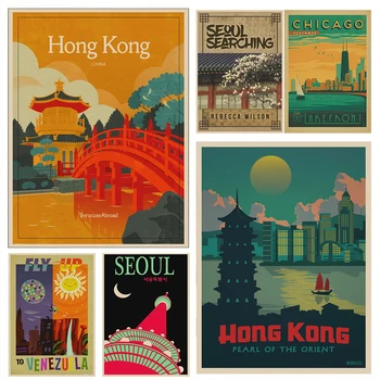 Vintage Papel Kraft Cartaz de Viagens pelo Mundo da Série de Hong Kong Syracuse no Exterior Pérola do Oriente Adesivo de Parede para a Barra de Decoração de Casa