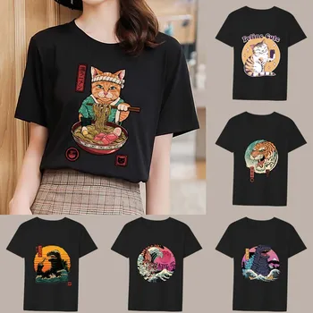 T-shirt Mulher Tendência Senhoras de Esportes e Lazer Japonês Vitalidade desenhos animados do Gato Camisa de Padrão de Impressão em Série Slim O-Camisa de gola