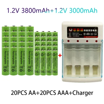 1.2 V AA 3800mAh NI-MH Baterias Recarregáveis+Carregador+AAA bateria de 3000 mAh Rechageable bateria+Carregador de baterias de NI-MH 1,2 V AAA bateria