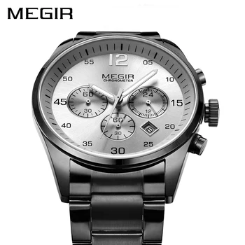 MEGIR Preto dos Homens Relógios com pulseira de Aço Inoxidável de Negócios à prova d'água Quartzo Militar do Relógio de Pulso para Homem Relógio Reloj Hombre