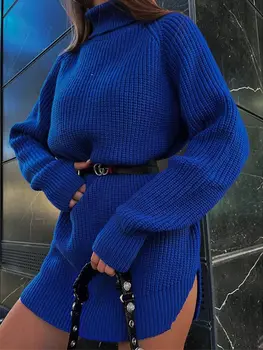 Oversize Vestido de Camisola para Mulheres Casual Manga Longa Gola alta de Malha Vestido de 2022 Outono Azul Engrossar Mini Vestido de Festa de Natal