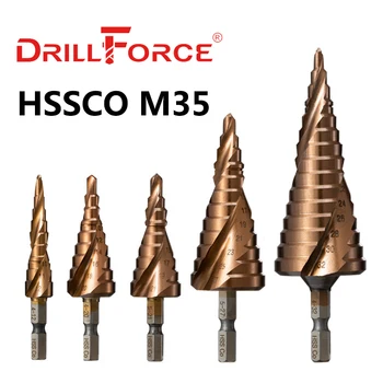 Drillforce M35 5% de Cobalto Passo Broca HSSCO Cone de Metal Ferramenta Cortador de Buraco 3-12/3-14/4-12/4-20/4-22/4-25/4-32/5-21/5-27/6-24mm