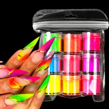 9Box Conjuntos de Fluorescência em Pó Neon Pigmento Unhas de Glitter Extra Fino Iridescente Gradiente Bloom Poeira Decoração de Unhas de Suprimentos