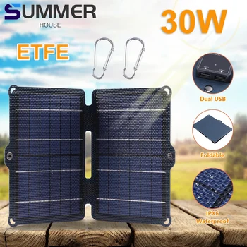 30W 5V ETFE Painel Solar Dobrável, Painel Solar, duas Portas USB Impermeável Carregador Solar Portátil Banco de Potência para o Carregador de Telefone Celular