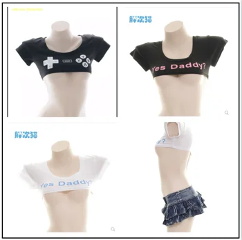 Mulheres japonesas Bonito Mini T-shirt Expressão Impressa Crop Top Extra Curto Sexy T-galactosidase Kawaii Lingerie Lolita Loli Algodão