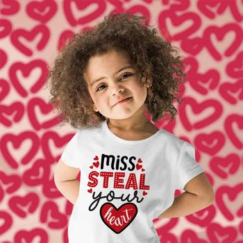 Valentim Garoto T-Shirt Miss Roubar Seu Coração de Impressão Camisas Valetine Festa de Criança Roupas de Menina Casual, Roupa de Presente do Dia dos Namorados