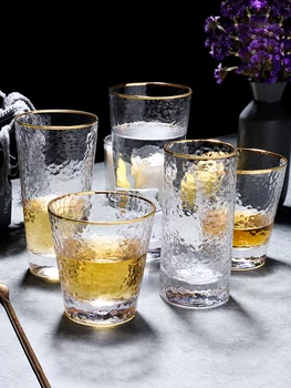 O Estilo Japonês De Ouro Rim Martelado Vidro Transparente Domésticos Sala De Estar Copo De Beber Xícara (Chá) Definir