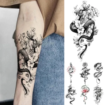 Impermeável Tatuagem Temporária Adesivo Preto Voando Dragão Serpente Peônia Rosa Flor Flash Tatto Mulheres Homens Braço Fake Tattoos Da Arte Do Corpo