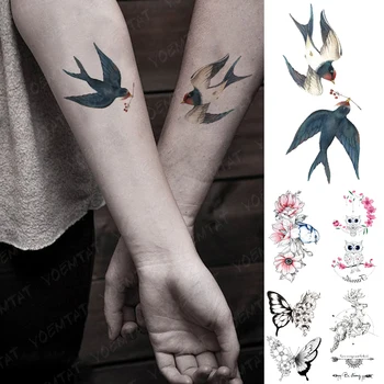 Impermeável Da Etiqueta Temporária Tatuagem Engolir Coruja-De-Rosa Flores Flash Tatoo De Borboleta Pássaro Mão De Pulso Falso Tatto Para A Arte Corporal De Mulheres