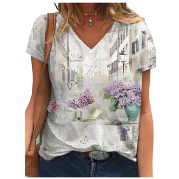Vintage padrão 3D das mulheres T-shirt de manga curta, decote em V solto Rua casual extra grande de verão 2021 grande novo Vários tamanhos