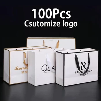 100Pcs Logotipo Personalizado de Presente de Papel de Embalagem de Saco de Personalização de Negócios de Compras de Roupas Pacote Kraft para Sacos de Festa de Casamento Fornecedor