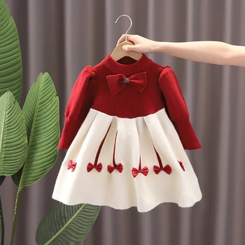 2022 Meninas do Bebê Tricô Camisola Vestido Outono Inverno para Crianças de Malha Princesa Vestidos Estilo coreano de Natal, de Ano Novo de Roupa