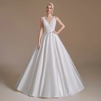 PAFFAS Vestido de Noiva de Cetim 2022 Decote em V sem encosto Simples Sexy Branco Marfim Vestidos de Noiva Para Mulheres de Vestido De Noiva
