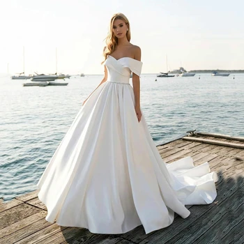 2023 Branco Elegante De Cetim Vestidos De Casamento Para As Mulheres, A Linha Lace Fora Do Ombro Tribunal De Noiva Vestidos De Trem Vestido De Noiva Veste