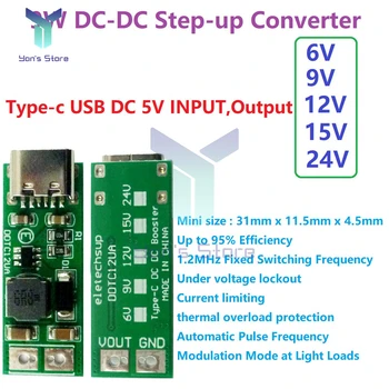 9W-Tipo C USB DC 5V para 9V/12V/15V/24V DC-DC Step Up Fonte de Alimentação do Módulo Conversor Boost PWM GFP Módulo Regulador de Tensão