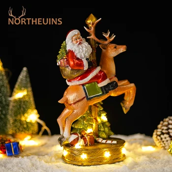 NORTHEUINS Resina Papai Noel Andando de Veado Estatuetas para Interior Brilhantes Pintados à Mão, Decoração de Natal, Bonecos de Ano Novo, Presentes