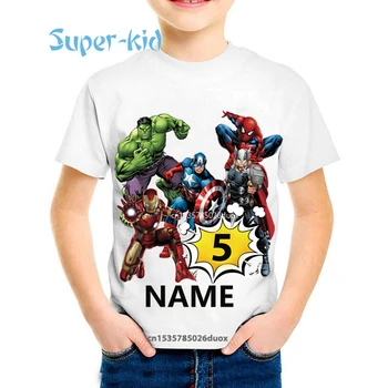 Personalizar o Nome do aniversariante da T-shirt Super-Herói da Festa de Aniversário de Roupas 3 4 5 6 7 8 9 Ano Vingadores da Marvel Aniversário de Meninos Camisas