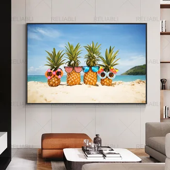 Abacaxi Família na moda Óculos de sol na Praia Tropical Ilha Cartaz de Impressão de Tela de Pintura, Arte de Parede Decoração do Escritório Sem Moldura