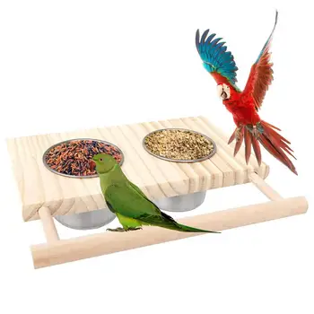 Pássaro Jogo Está Com Alimentador De Copos De Madeira Pendurado Papagaio Alimentador De Água Tigela De Aço Inoxidável Calha Com Suporte De Estimação Fontes De Alimentação