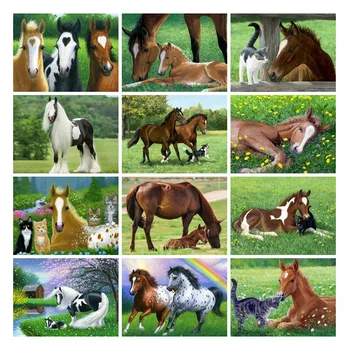 LZAIQIZG 5d Diamante Pintura Cavalo Completo Quadrado/Redondo Bordado Animal Primavera Grama de Paisagens, Pinturas De Interiores a Decoração Home